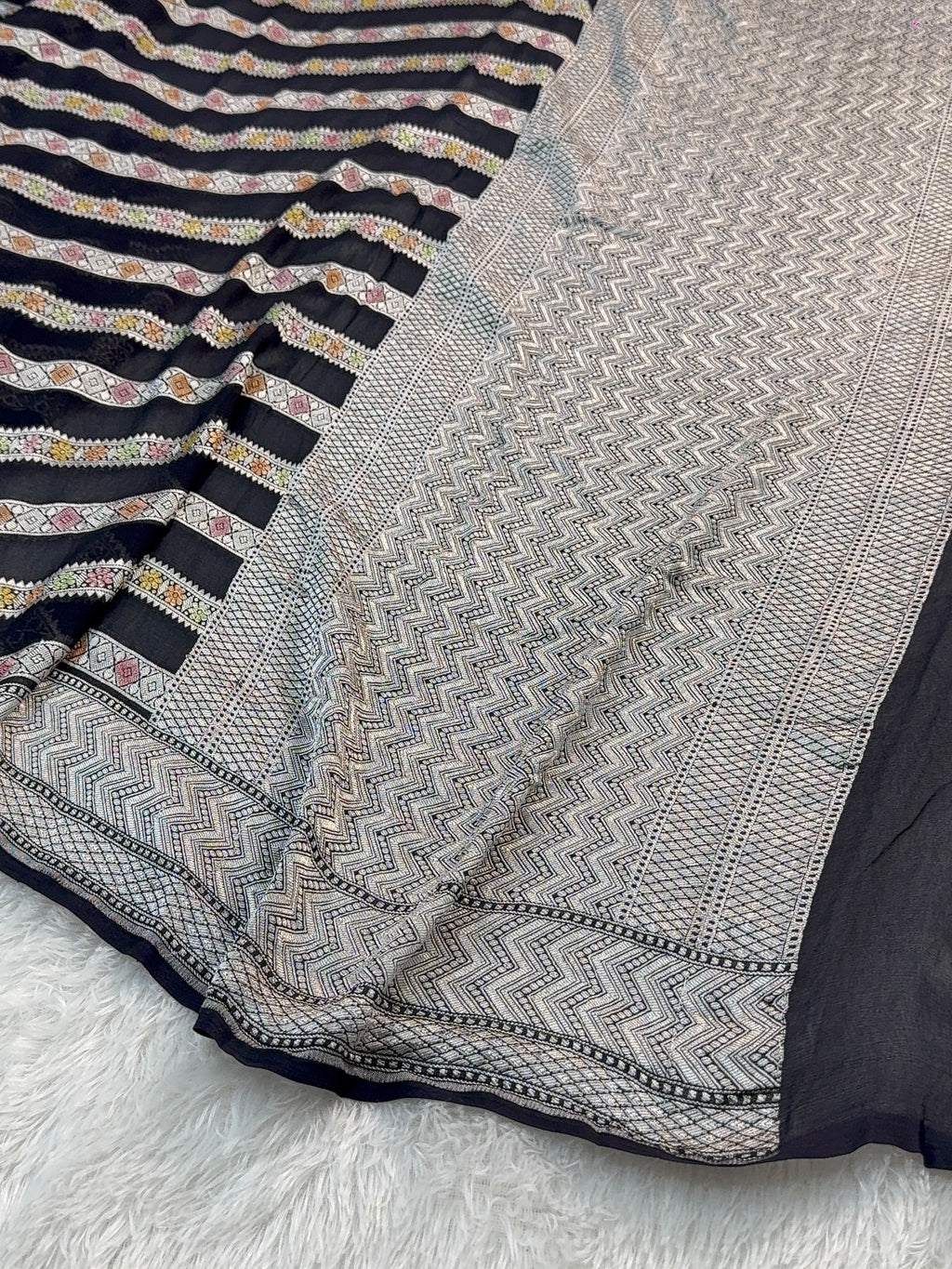 Banarasi Pure Khaddi Chiffon Saree  with Silver Zari Work In Horizontal stripes pattern Design with Meenakari by hand brush in Black Colour