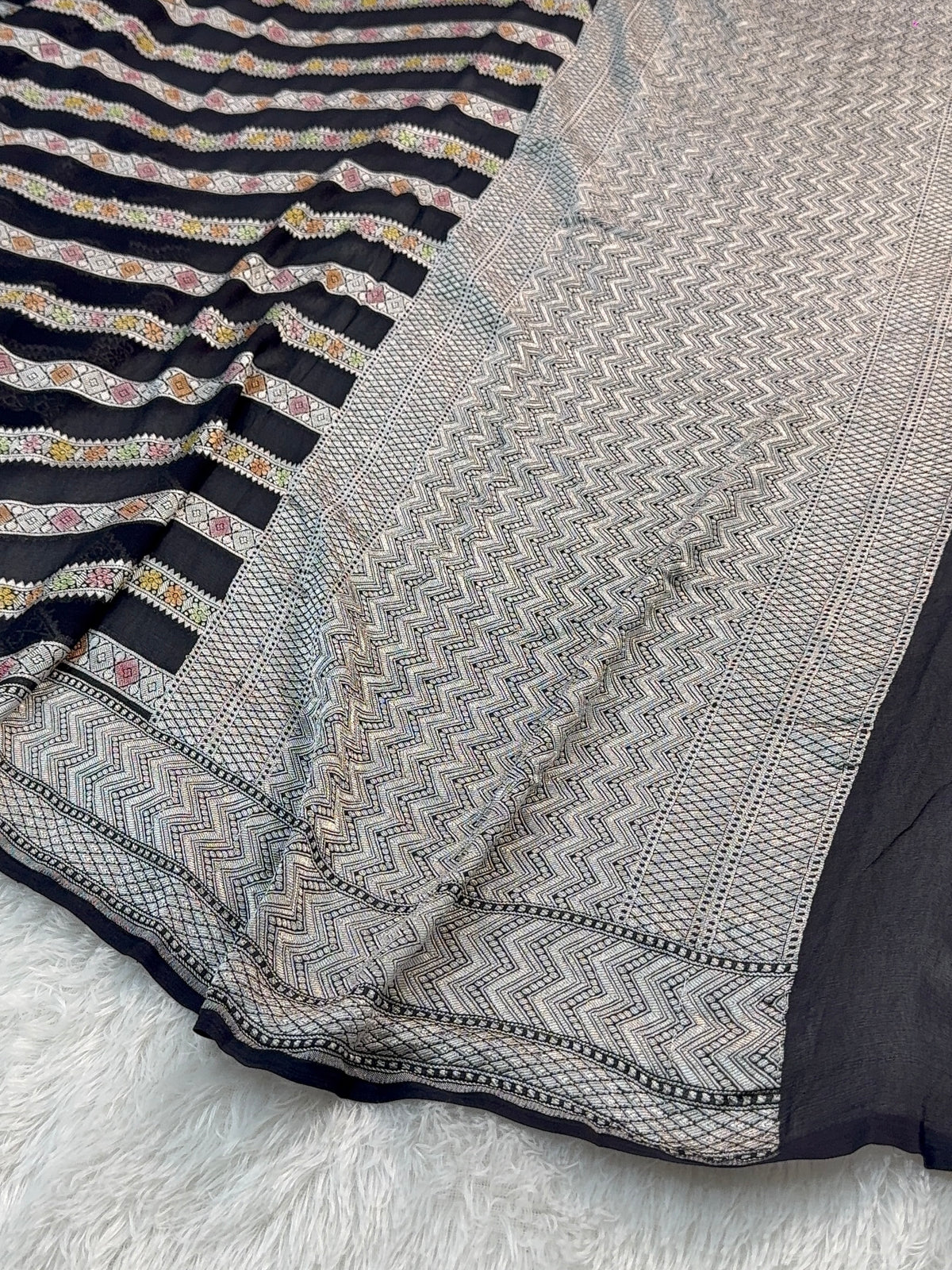 Banarasi Pure Khaddi Chiffon Saree  with Silver Zari Work In Horizontal stripes pattern Design with Meenakari by hand brush in Black Colour