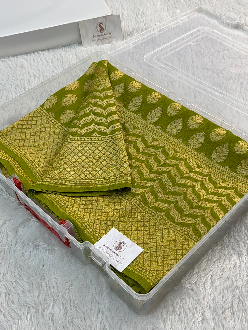 Banarasi Pure Khaddi Chiffon Saree in Skirt Buti Design in Rusty Green Colour