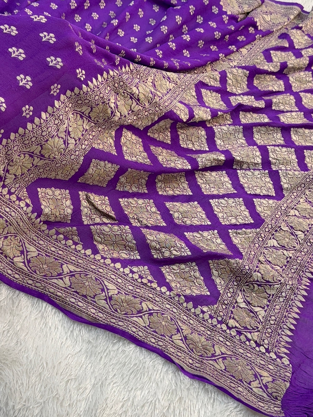 Banarasi Pure Khaddi Chiffon Saree  with Silver Zari Work with Small Motifs Pattern Design in Deep Violet Colour