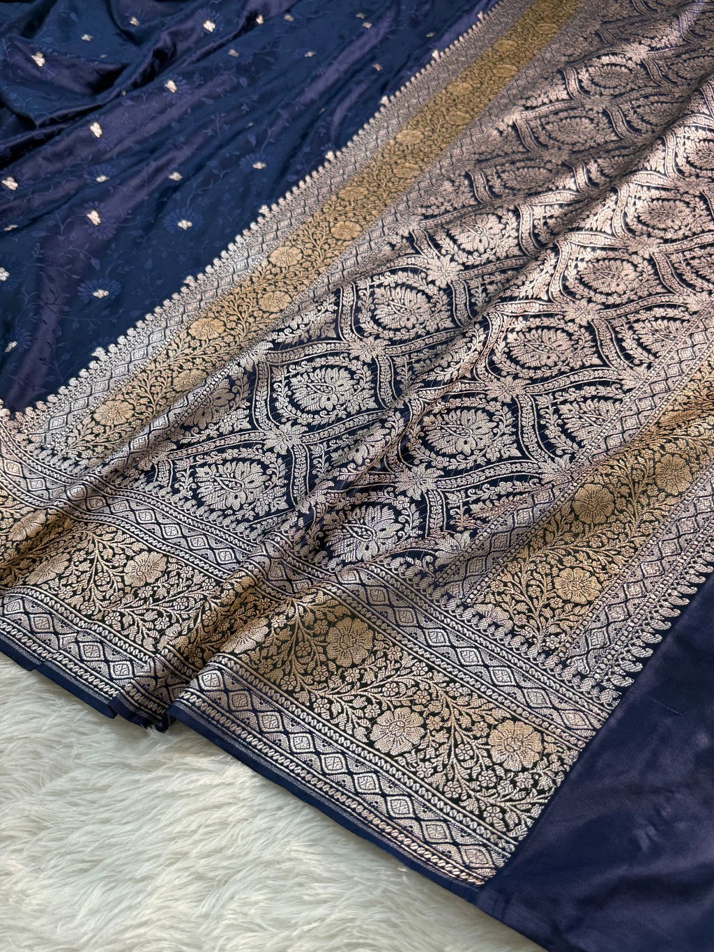 Banarasi Mashru Silk Saree with Tanchoi Jaal Weaving in Navy Colour with Hand brush paint in Border