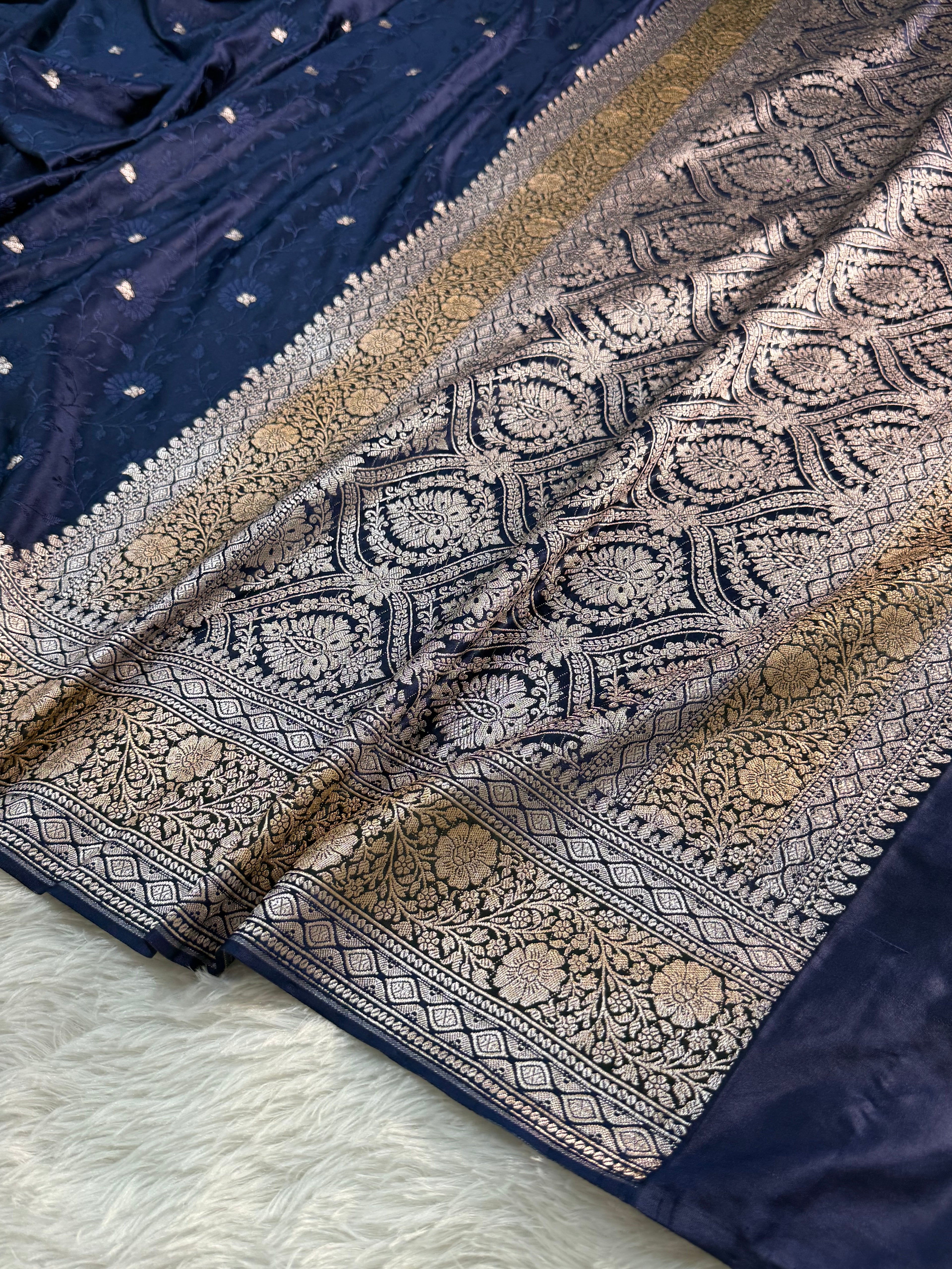 Banarasi Mashru Silk Saree with Tanchoi Jaal Weaving in Navy Colour with Hand brush paint in Border