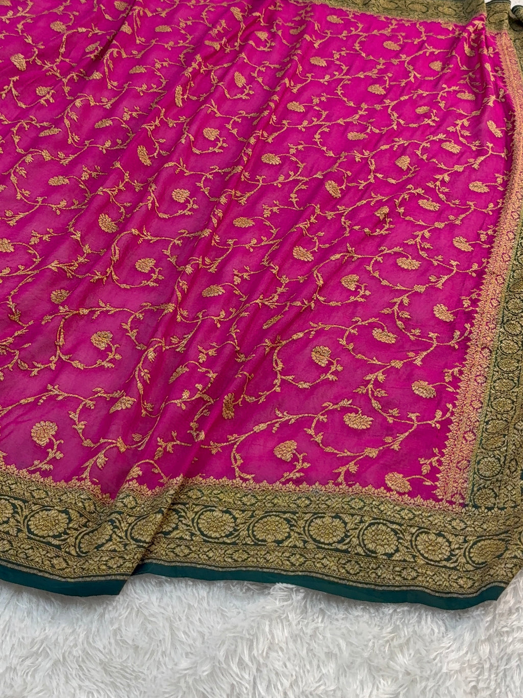 Banarasi Pure Khaddi Chiffon Saree  with Antique Zari Work In Floral Jaal Design in Shot Rani Colour