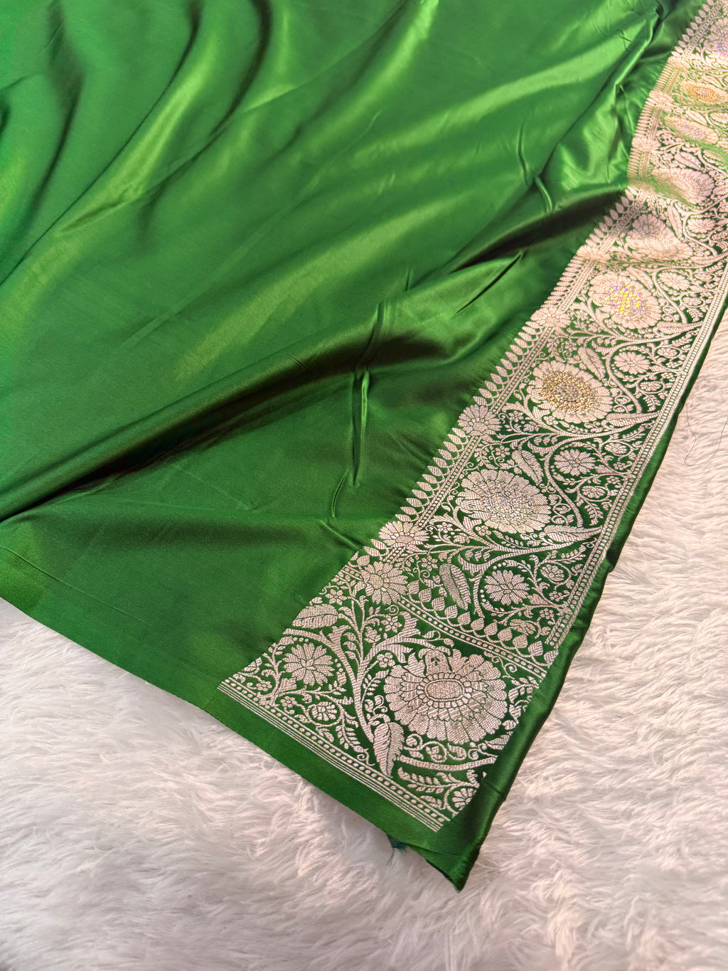 Bridal Mashru Silk Saree with Buta design in Dark Green Color Shade with Swaroski work