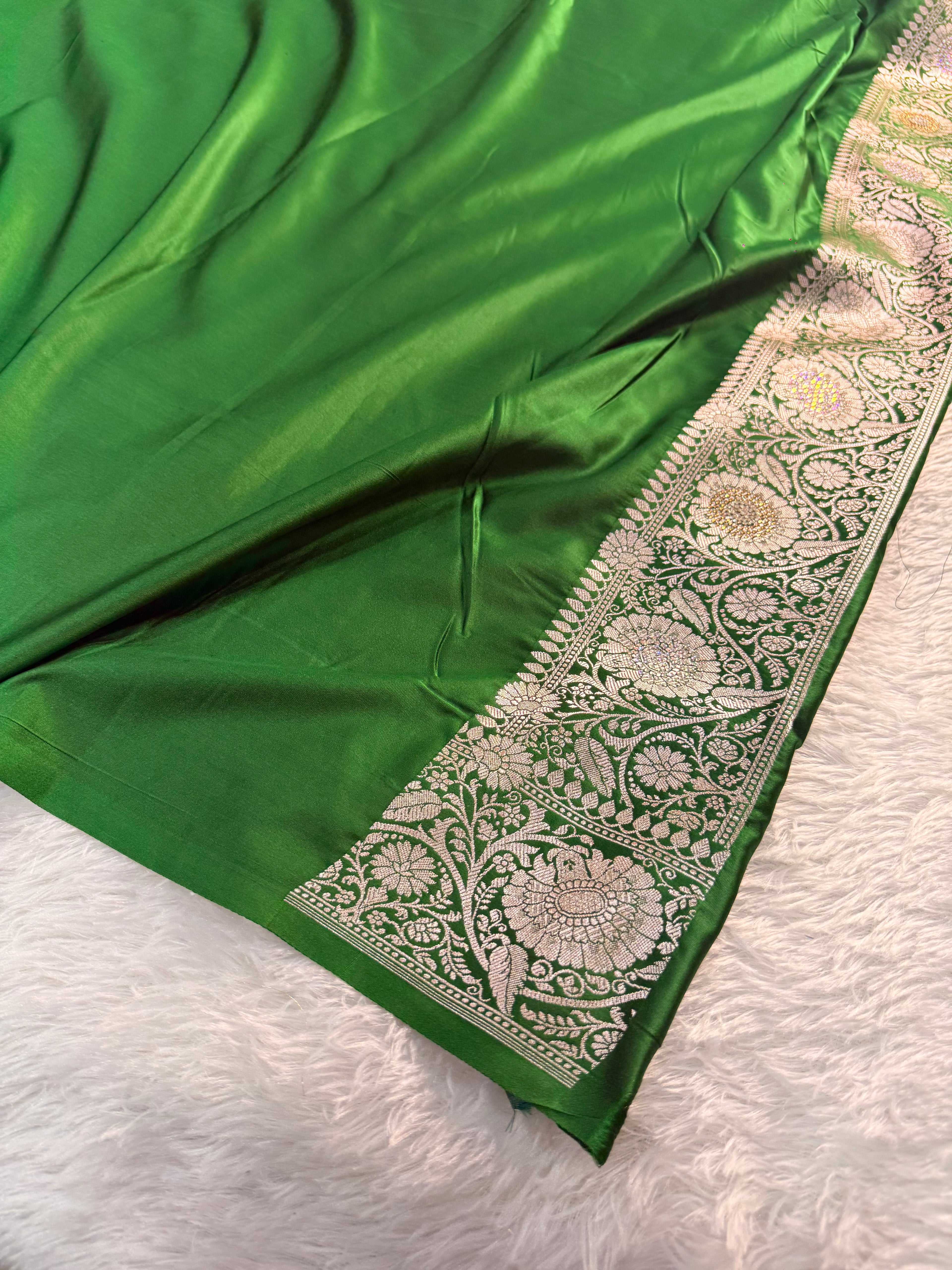 Bridal Mashru Silk Saree with Buta design in Dark Green Color Shade with Swaroski work