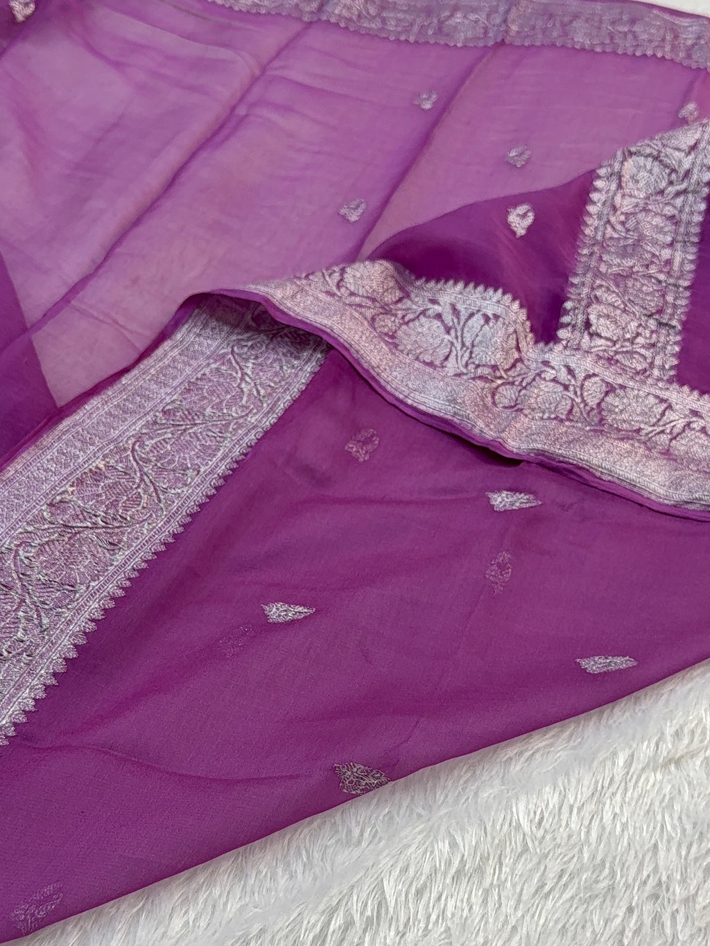 Banarasi Pure Khaddi Chiffon Saree  in Silver Zari with Small Interlocked Motifs Design in Royal Purple Colour
