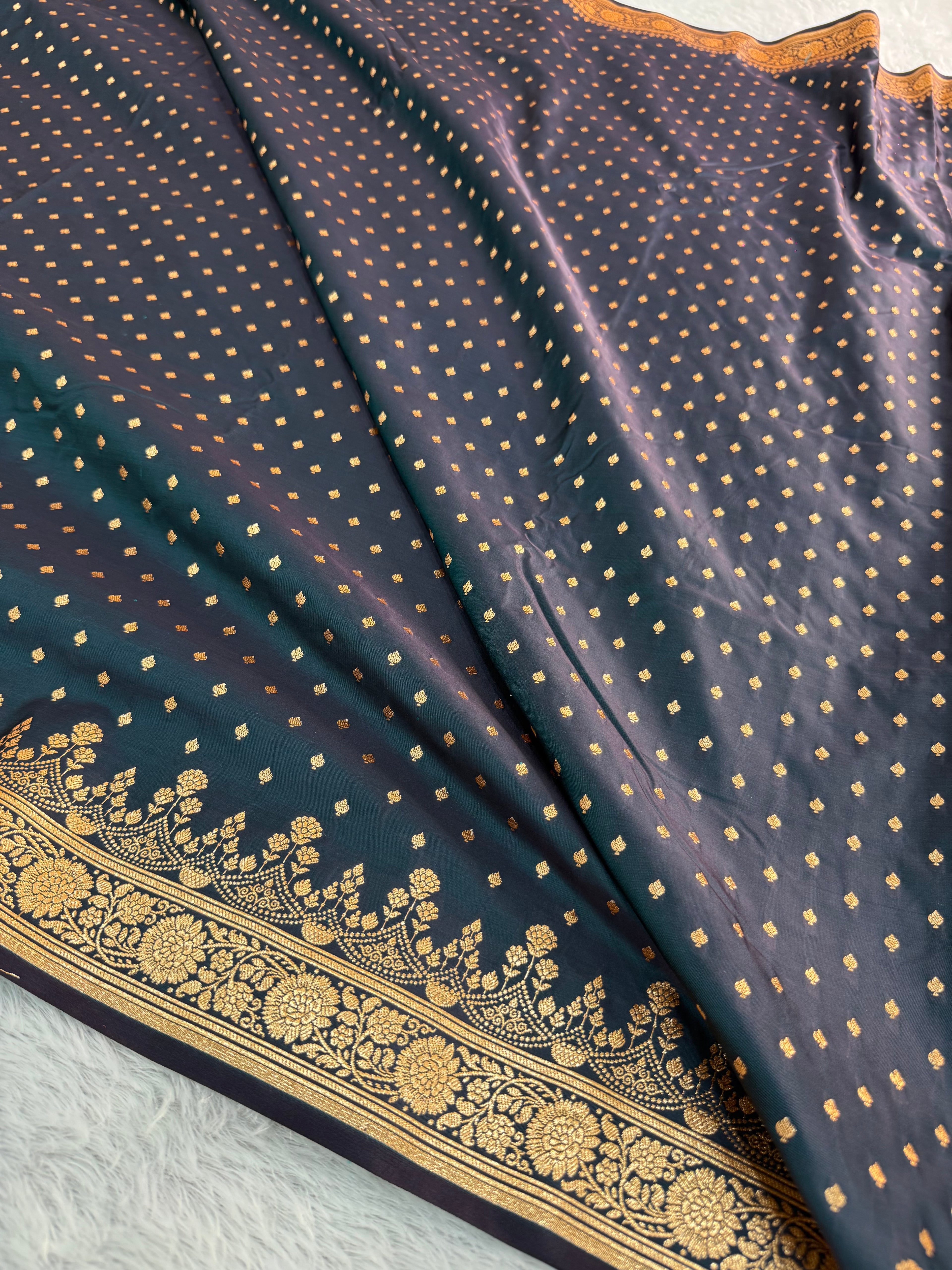 Mashru katan Silk Saree With Buti Design In peacock Colour
