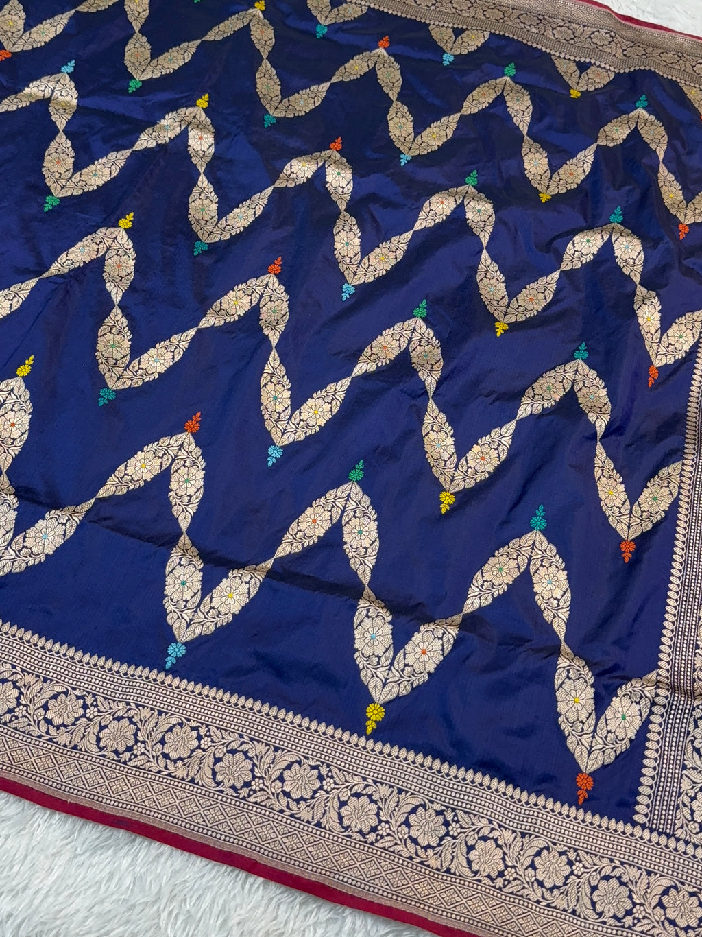 Handwoven Pure Katan Silk Saree in Jewellery Design pattern with meenakari in Light Gold Zari Work in Navy Blue Colour