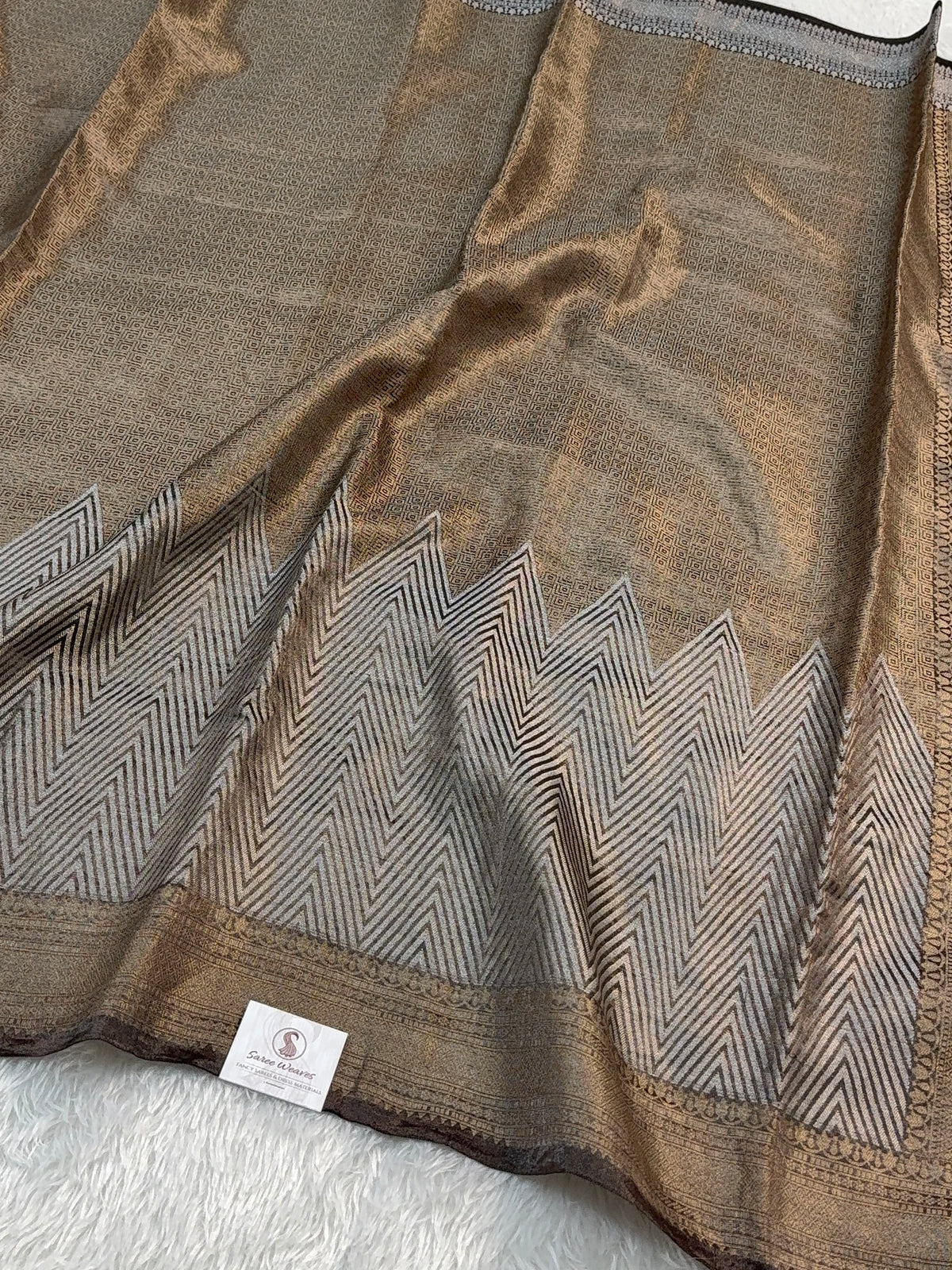 Pure Tissue Silk Saree with Brocade Weave in Silver and Gold Zari Work in Coffee Brown Colour