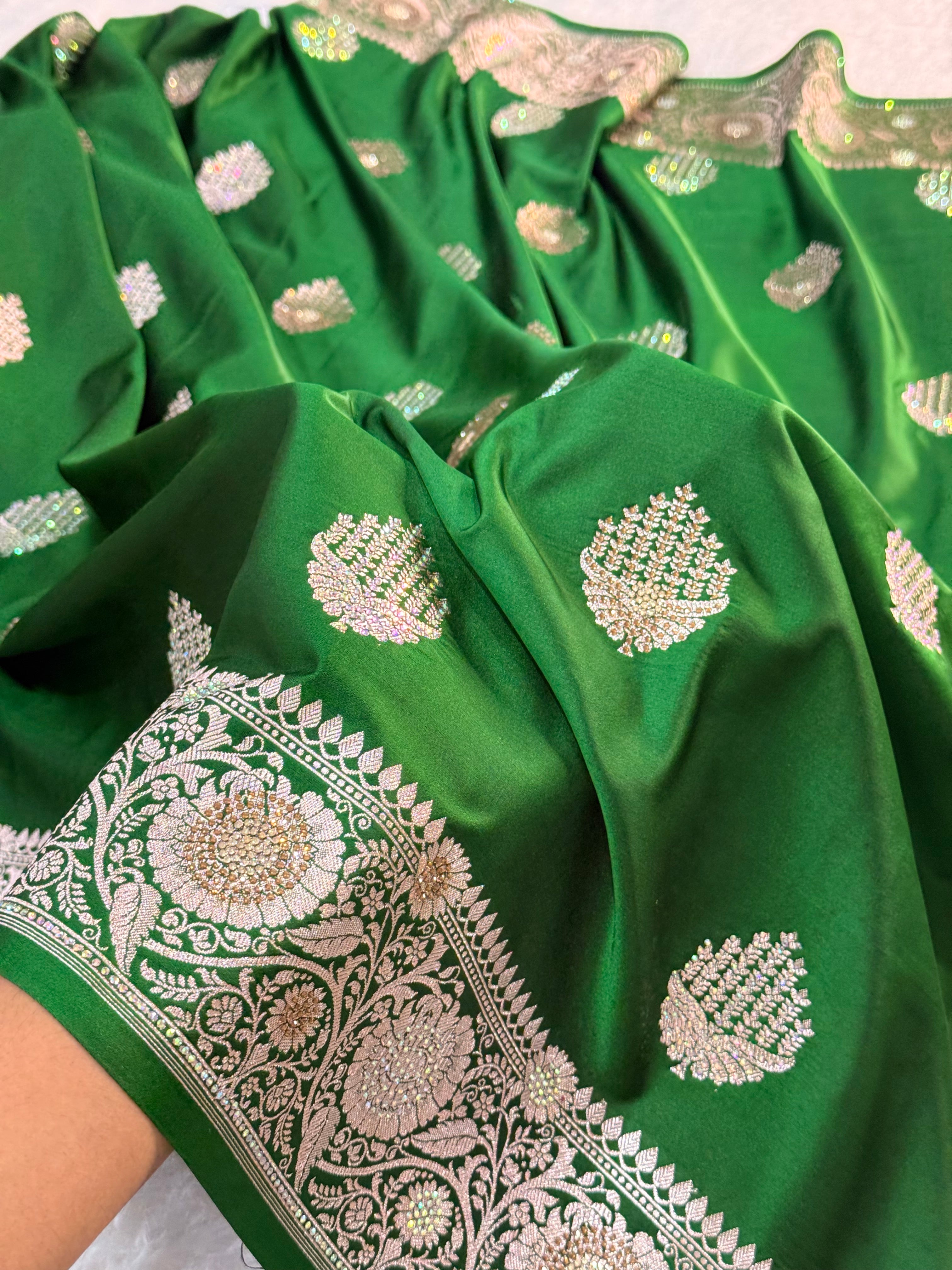 Bridal Mashru Silk Saree with Buta design in Dark Green Color Shade with Swaroski work