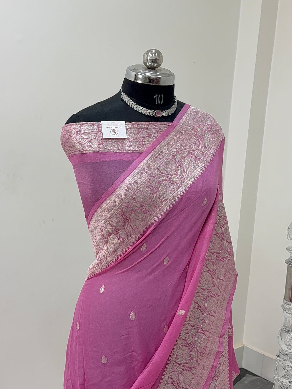 Banarasi Pure Khaddi Chiffon Saree  in Silver Zari with Small Interlocked Motifs Design in Pink Colour