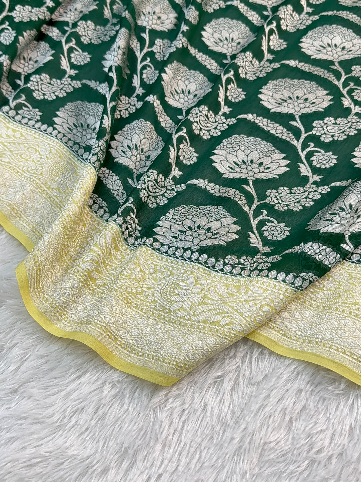 Banarasi Pure Khaddi Chiffon Saree  with Silver Zari Work In Floral Jaal Design in Dark Green and Light Lemon Colour Combination