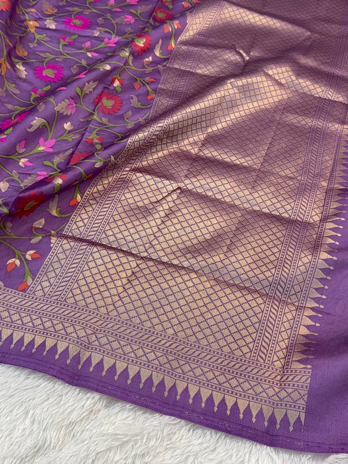 Pure Katan Silk Saree with Gold Zari And Meenakari Jaal Design in Violet Colour