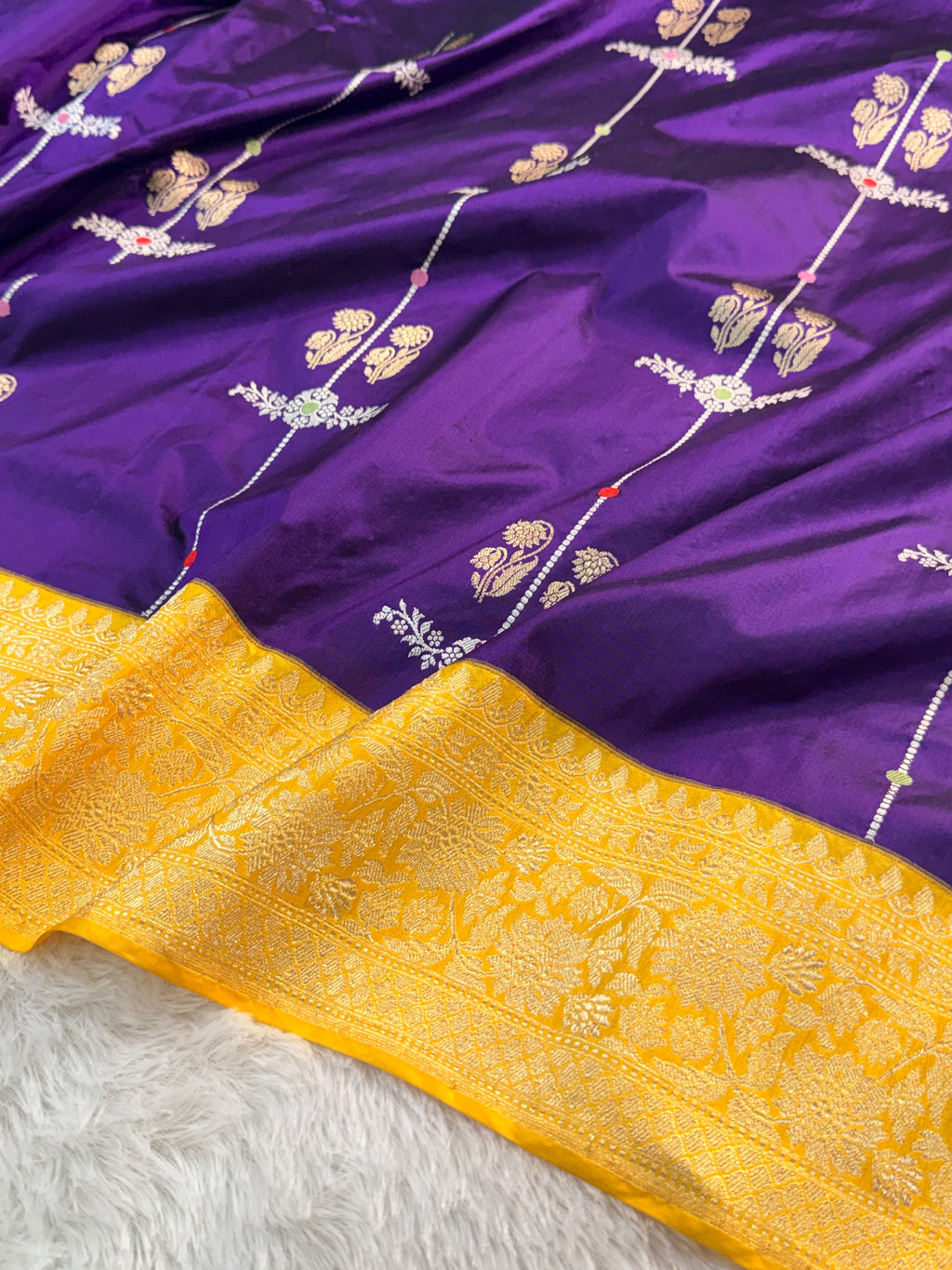 Banarasi pure katan silk saree in Magenta color with Yellow border in vertical Buta stripes, Light gold Zari coated with pure silver