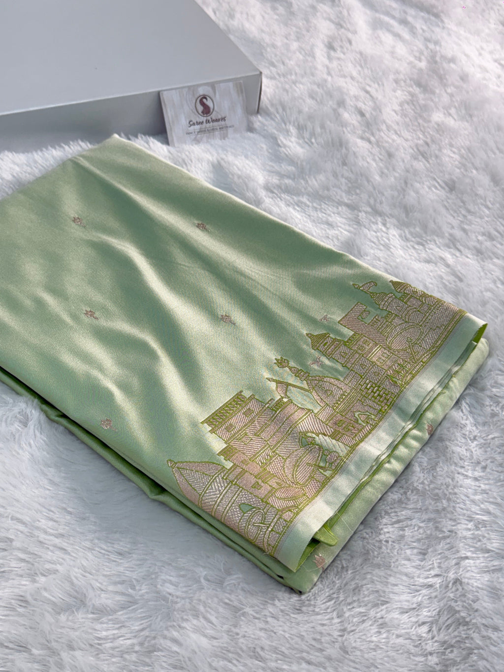 Banarasi Mashru Silk Saree with kashi ghat design in Light Pista color