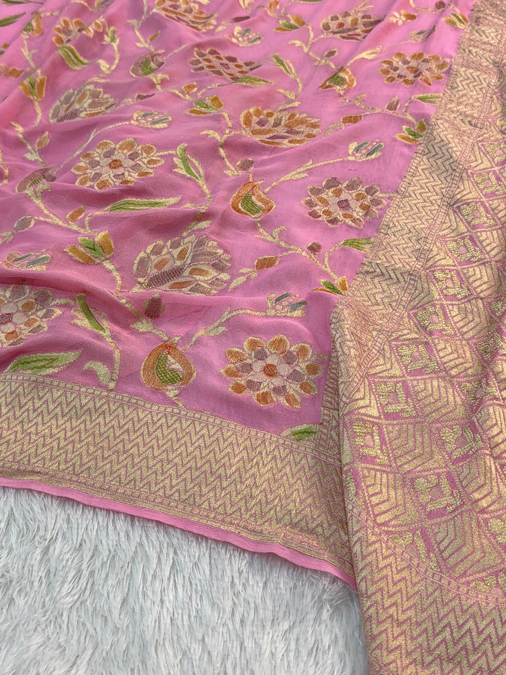 Banarasi Pure Khaddi Chiffon Saree  with Light Gold Zari Work In Floral Jaal Design with Meenakari by handbrush in Light Pink Colour