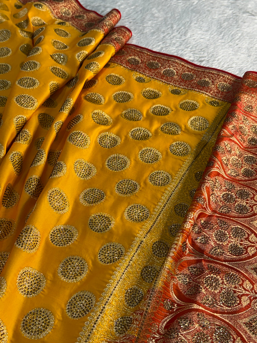 Bridal Mashru Silk Saree with Swaroski Gola work in all over in contrast colour