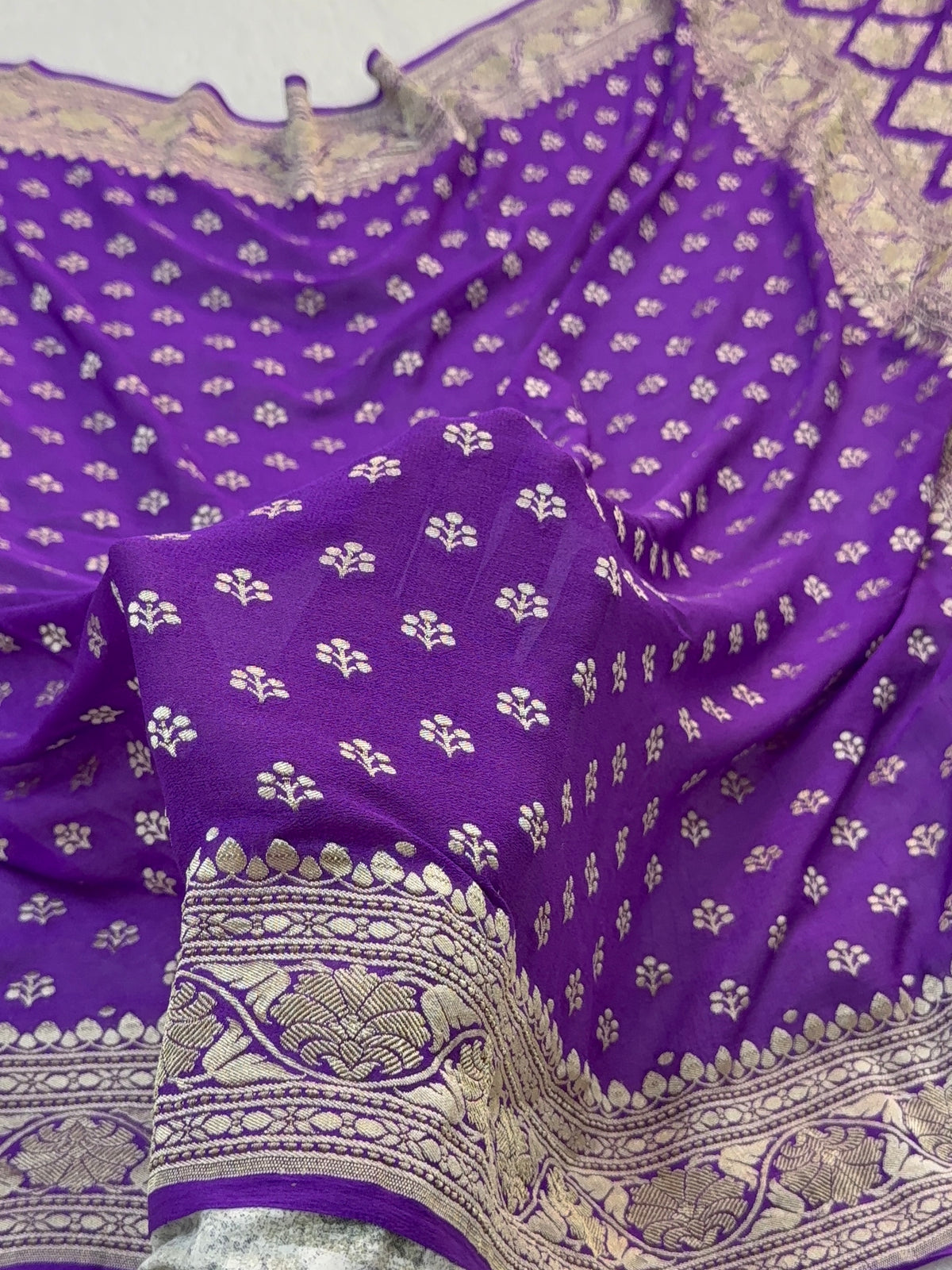Banarasi Pure Khaddi Chiffon Saree  with Silver Zari Work with Small Motifs Pattern Design in Deep Violet Colour