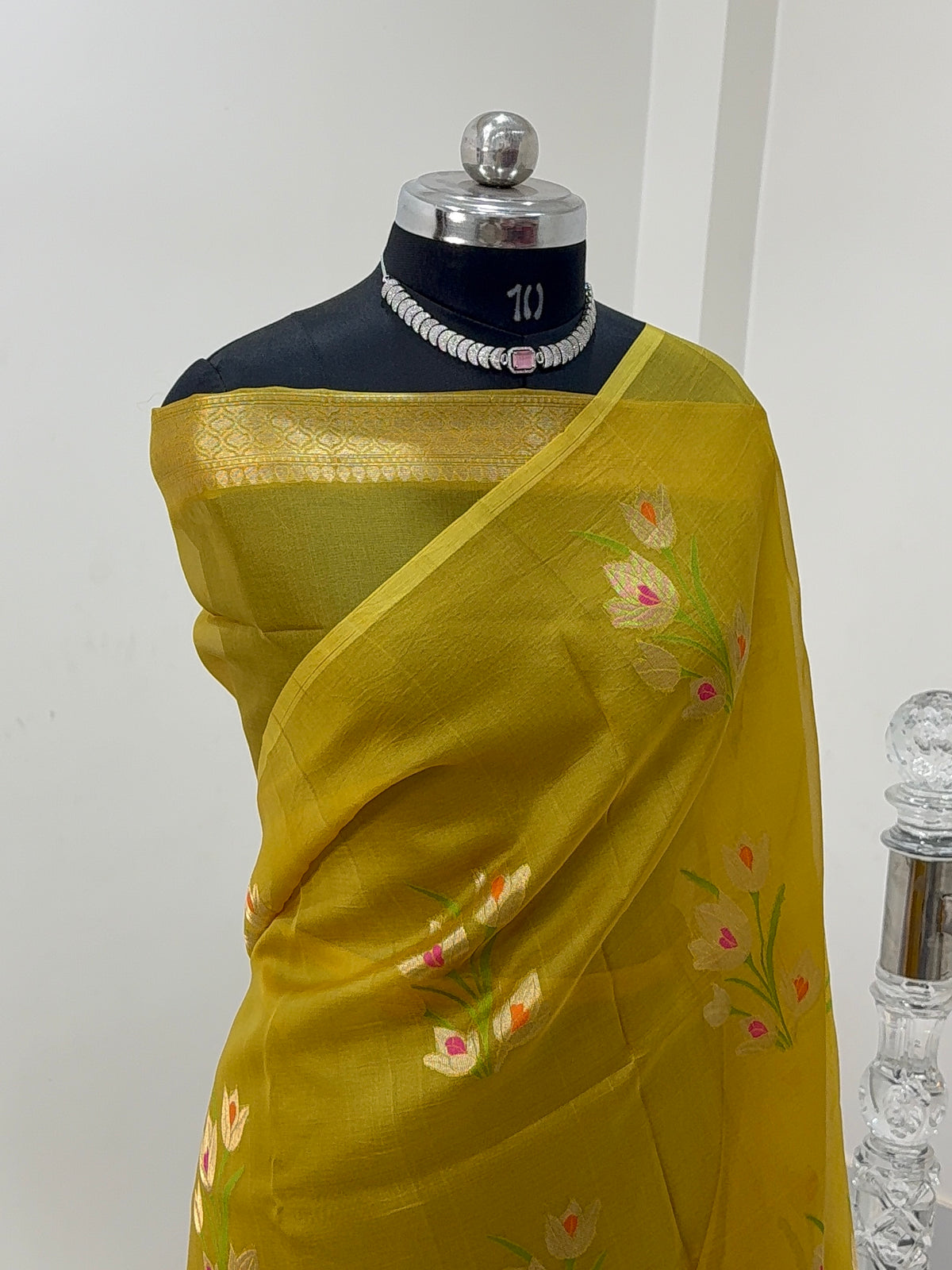 Pure Kora Silk Saree with Gold Zari and Meenakari Floral Motif Design in Yellow Colour