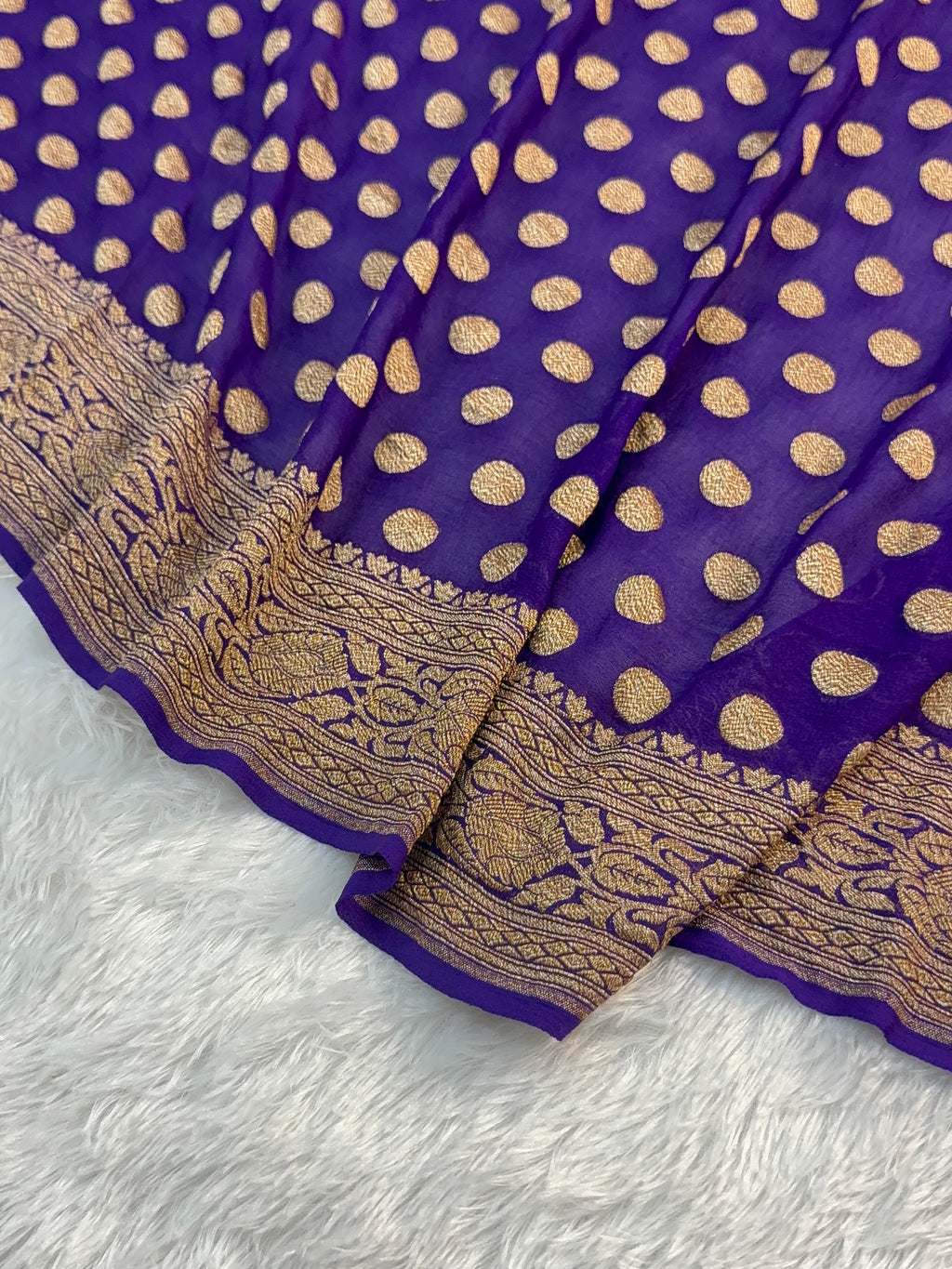 Banarasi Pure Khaddi Chiffon Saree  with Antique Zari Work In Small Circle Motifs Design in Deep Violet Colour