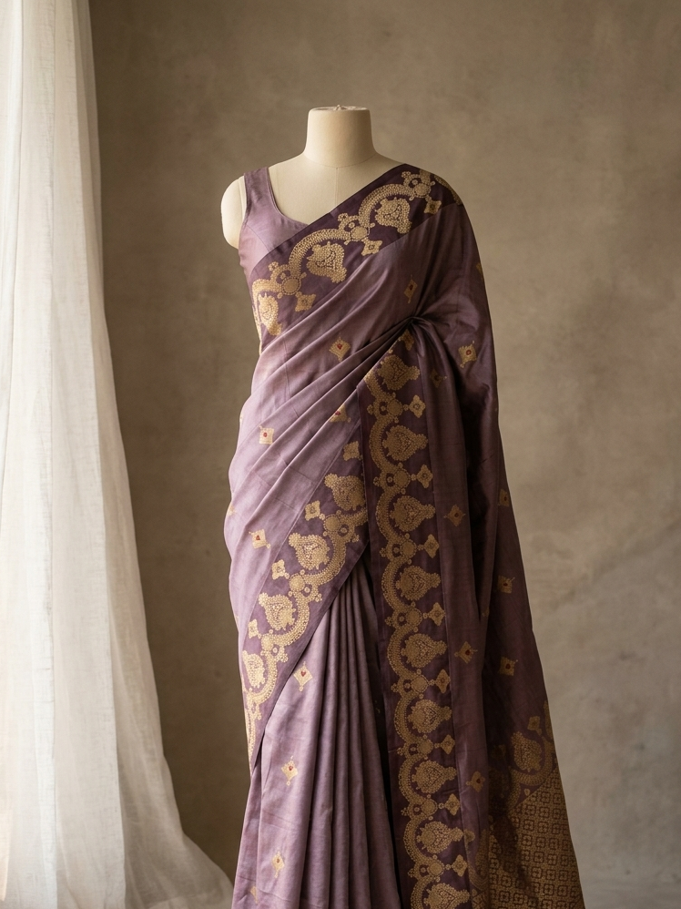 Banarasi Raw Mango Silk Saree with Satin Border In Rose Gold Colour