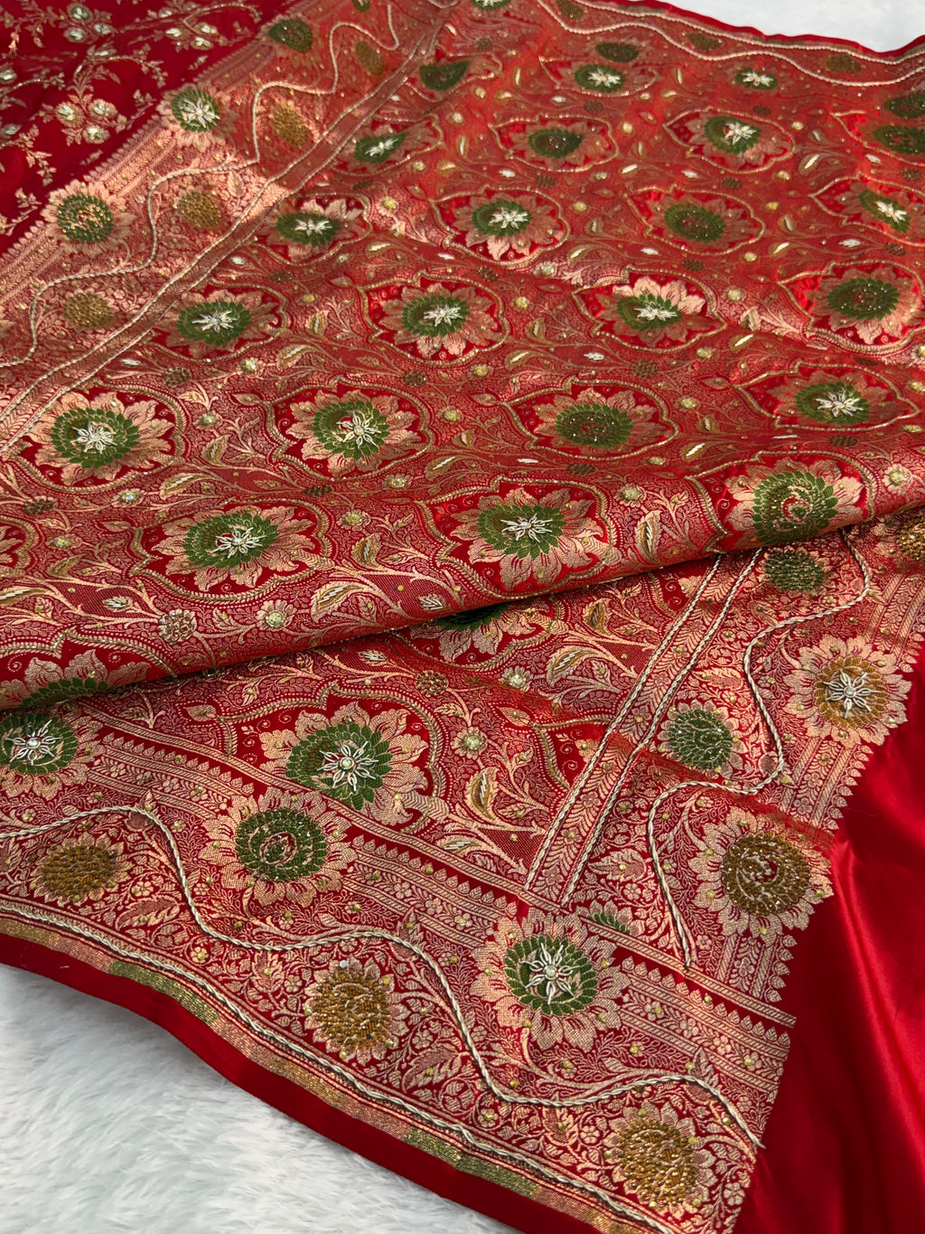 Bridal Mashru Silk Saree in jaal design in Red Color Shade with Swaroskiwork