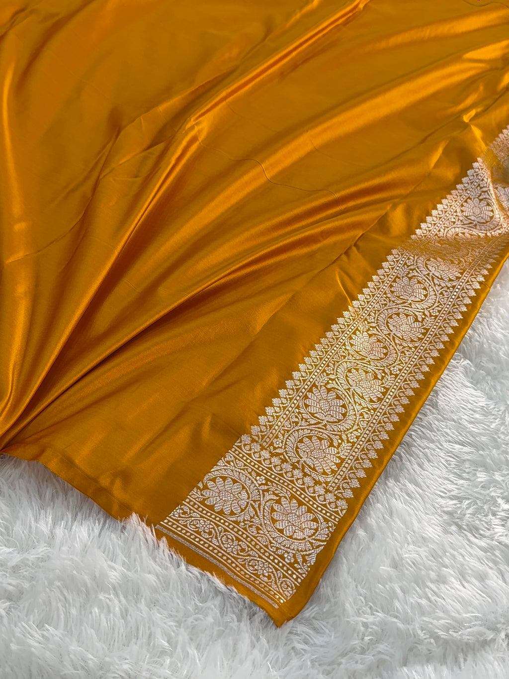 Banarasi mashru silk saree in chokdi jaal design in dark Yellow color