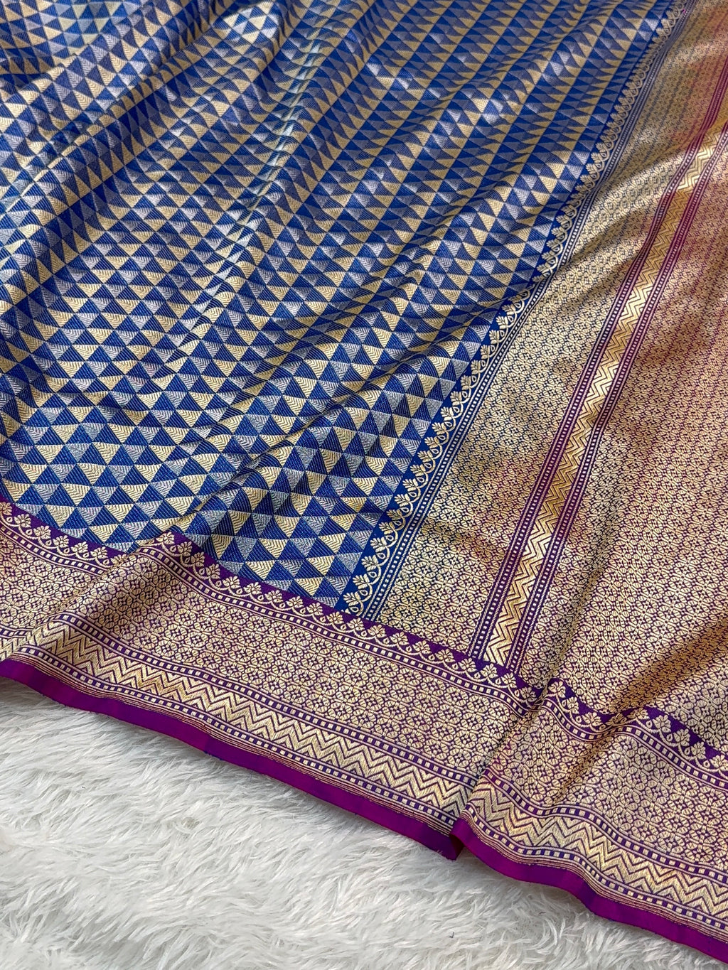 Handwoven Pure Katan Silk Saree With Silver and Gold Zari Brocade Weaving In Temple Jaal Design Pattern In Combination Of Light Blue And Navy Shade