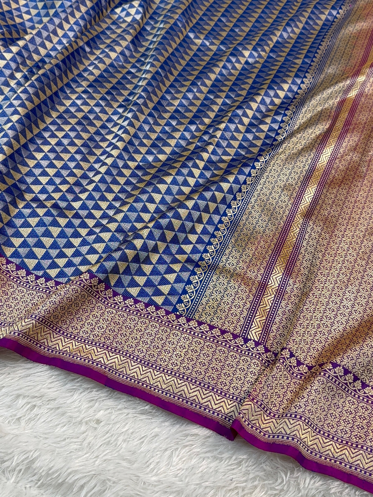 Handwoven Pure Katan Silk Saree With Silver and Gold Zari Brocade Weaving In Temple Jaal Design Pattern In Combination Of Light Blue And Navy Shade