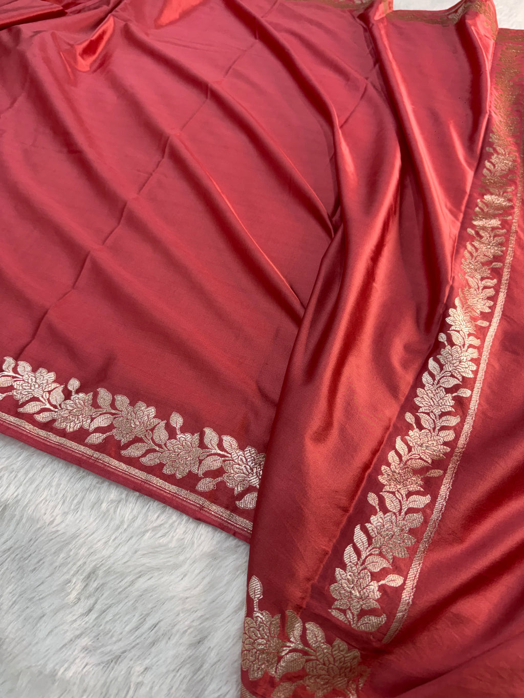 Banarasi Mashru Silk Saree with plain body and floral border Design in Rusty Pink colour