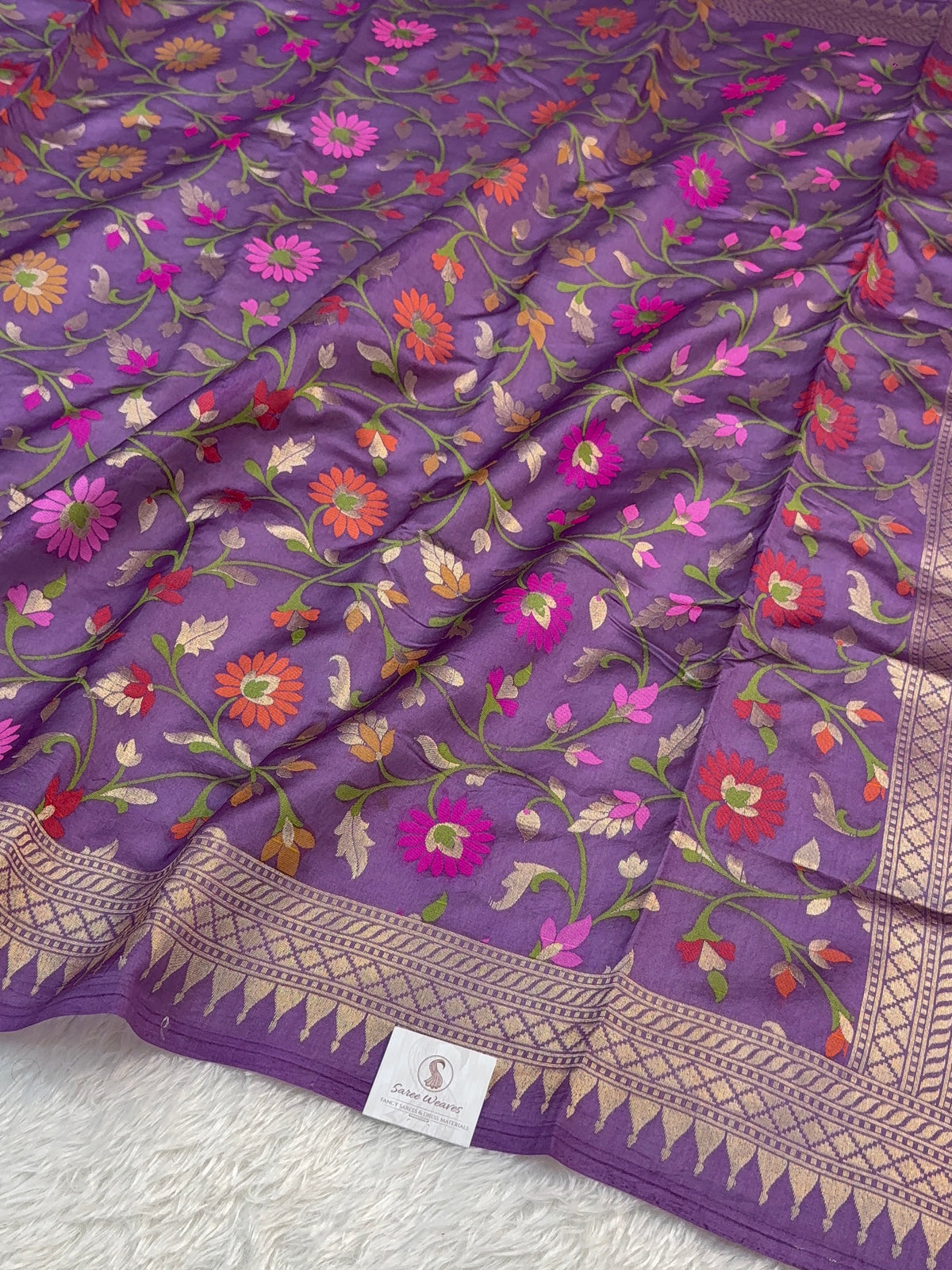 Pure Katan Silk Saree with Gold Zari And Meenakari Jaal Design in Violet Colour