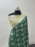Banarasi Pure Khaddi Chiffon Saree  with Silver Zari Work In Floral Jaal Design in Dark Green and Light Lemon Colour Combination