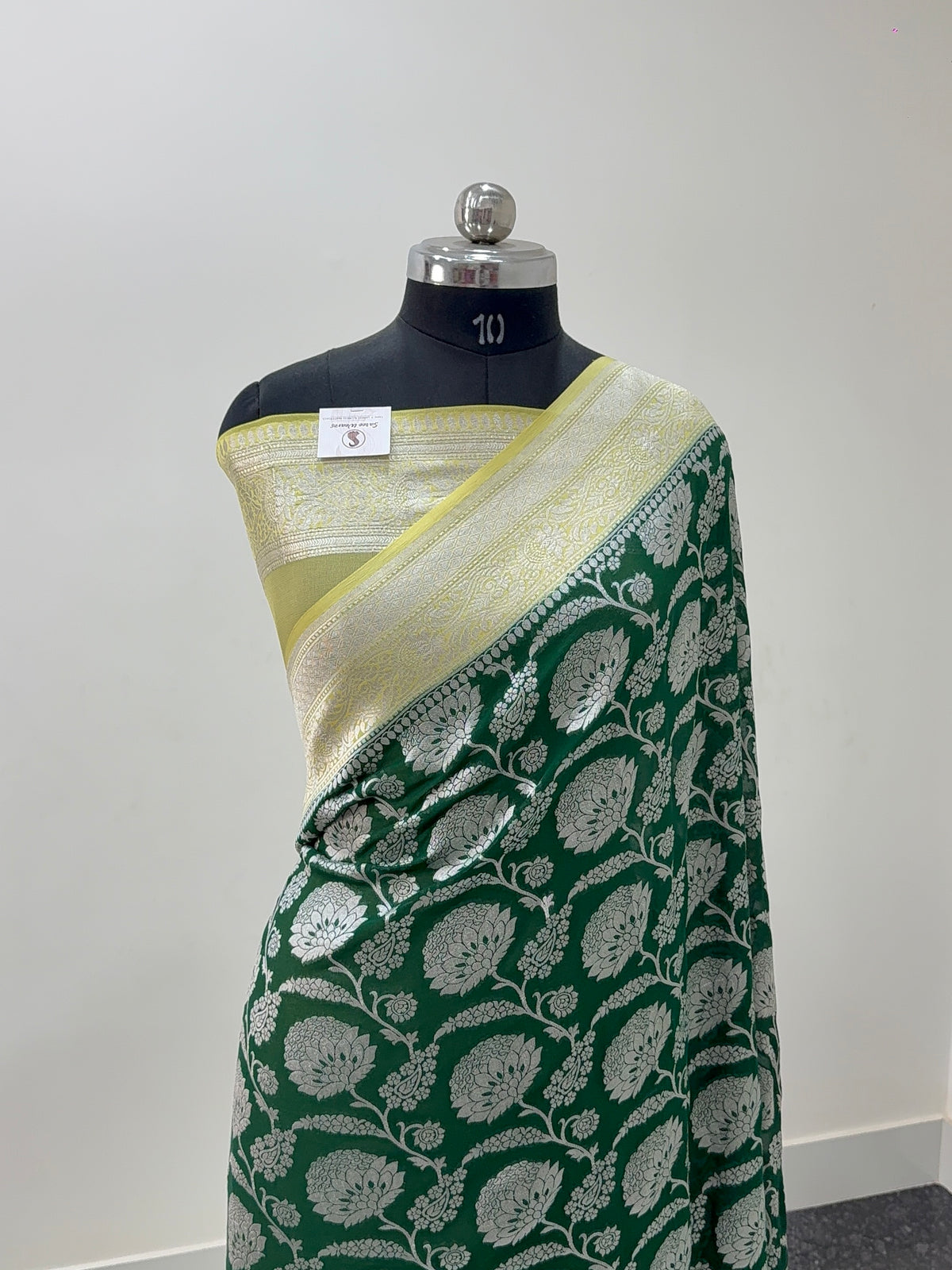 Banarasi Pure Khaddi Chiffon Saree  with Silver Zari Work In Floral Jaal Design in Dark Green and Light Lemon Colour Combination