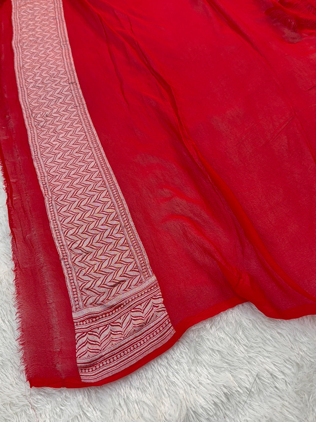 Banarasi Pure Khaddi Chiffon Saree  with Silver Zari Work In Floral Jaal Design with Meenakari by handbrush in Light Red Colour
