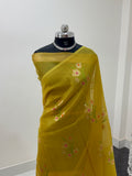 Pure Kora Silk Saree with Gold Zari and Meenakari Floral Motif Design in Yellow Colour