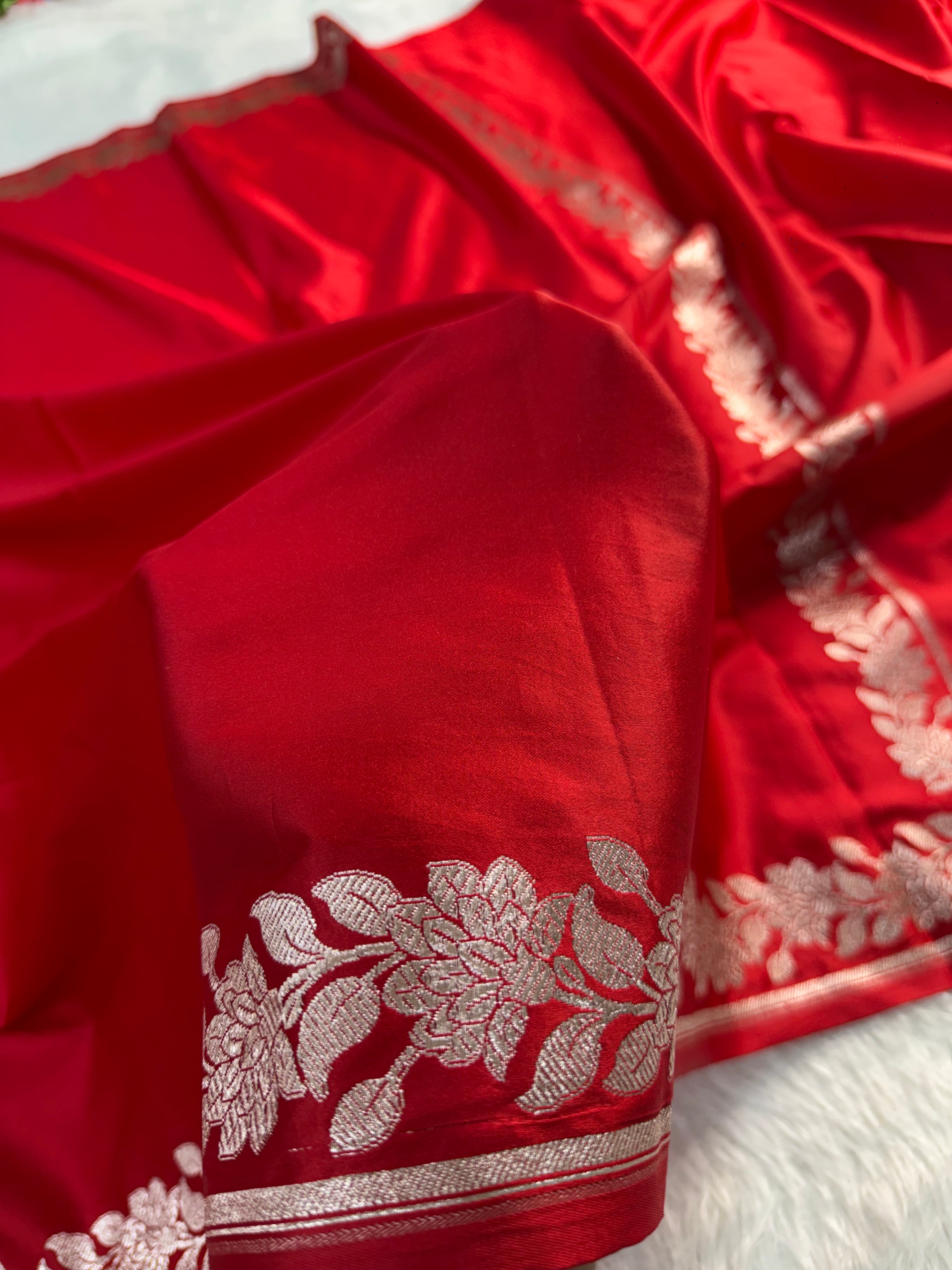 Banarasi Mashru Silk Saree with plain body and floral border Design in Red colour