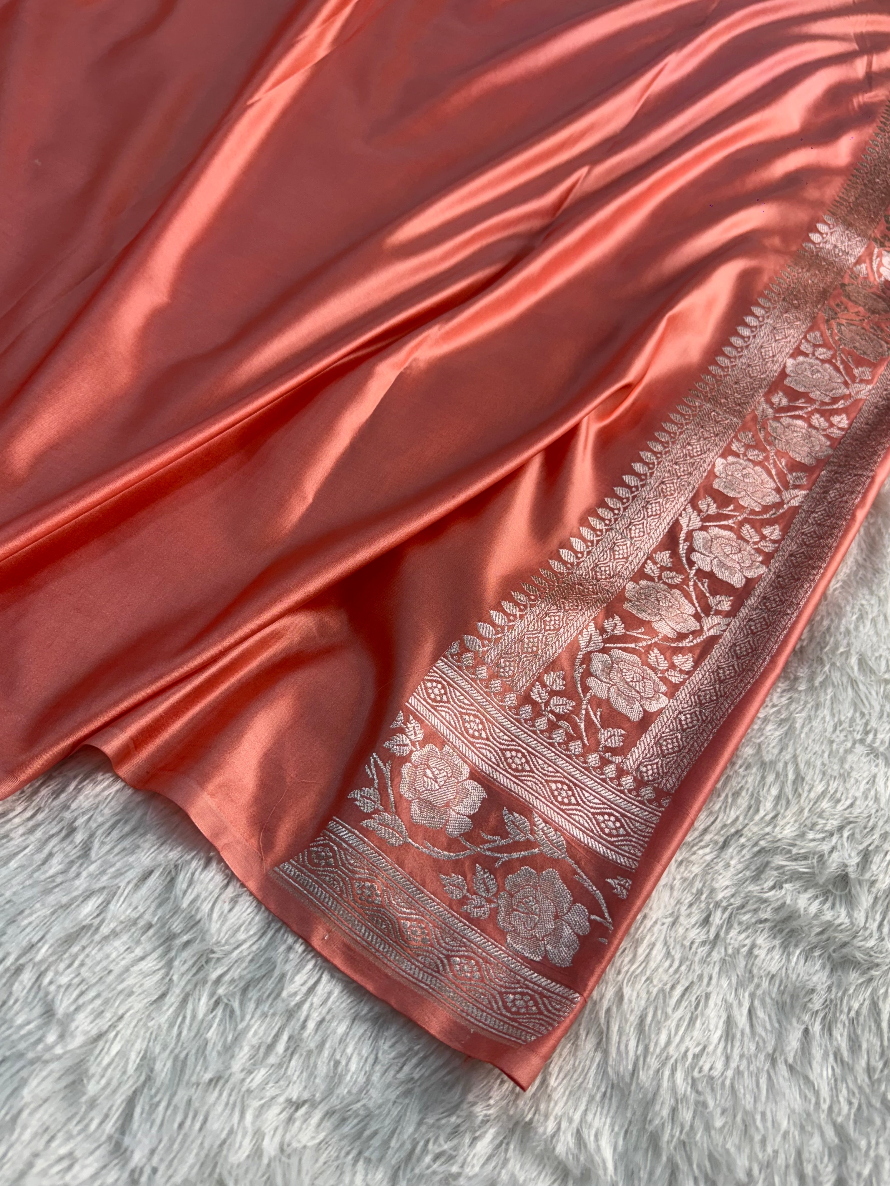 Banarasi mashru silk rangkat saree in aada pattern design in peach, orange, red colour