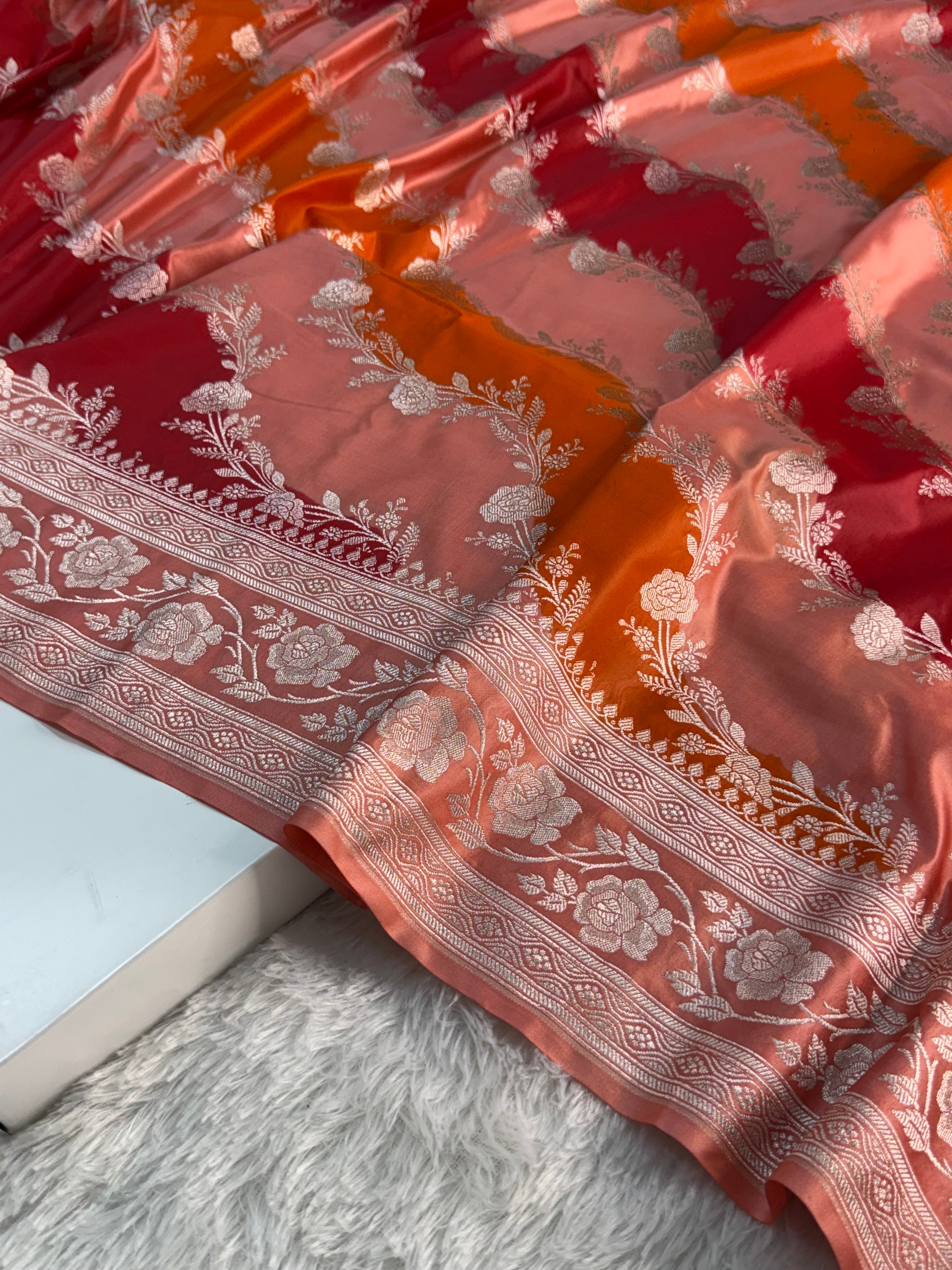 Banarasi mashru silk rangkat saree in aada pattern design in peach, orange, red colour