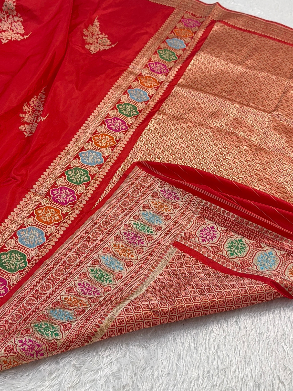 Handwoven Pure Katan Silk Saree in Large Motifs Design with Meenakari in high Percentage Zari Work in Red Colour