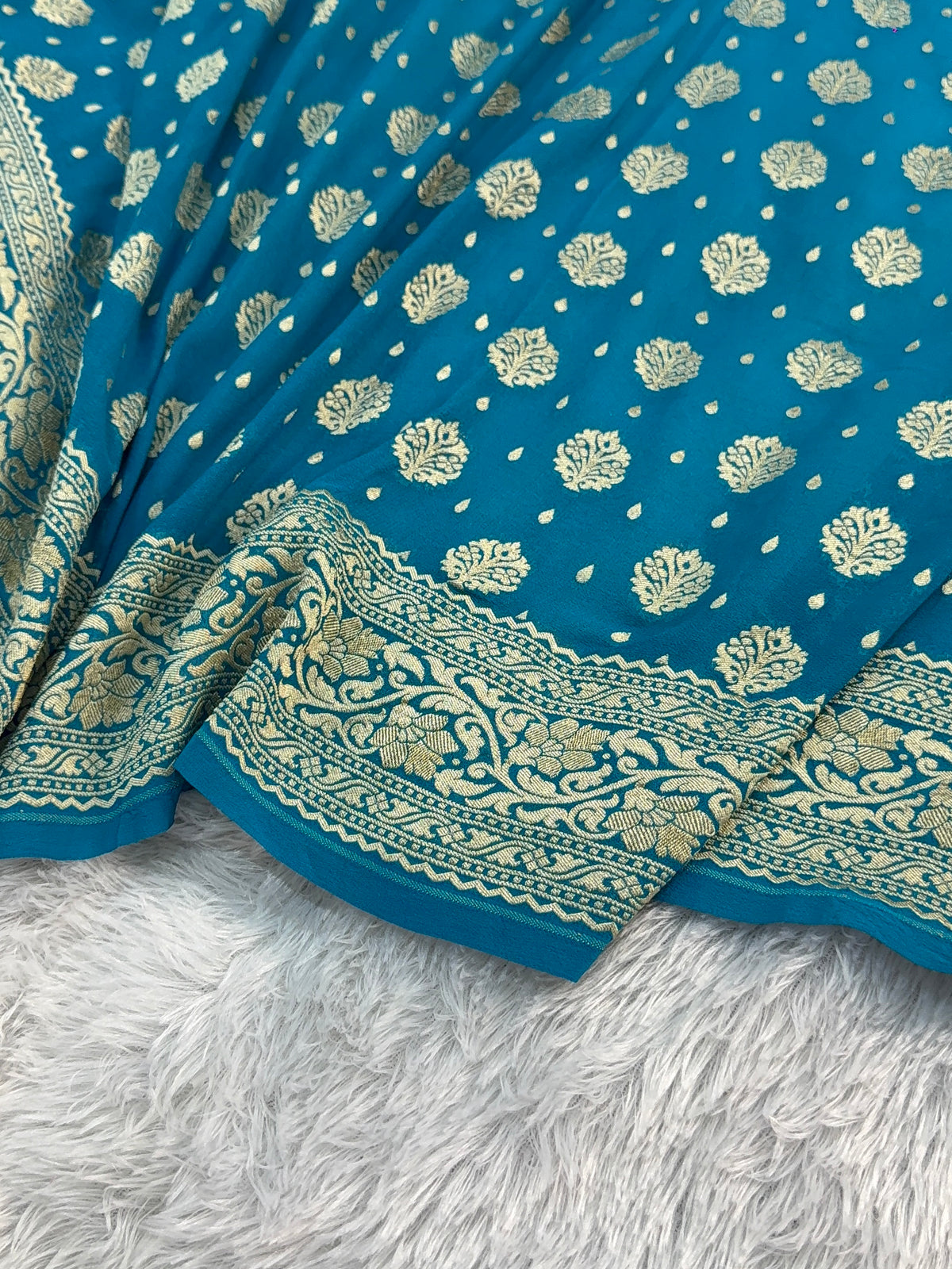 Banarasi Pure Khaddi Chiffon Saree in Buta and Buti Design in Peacock Blue Colour