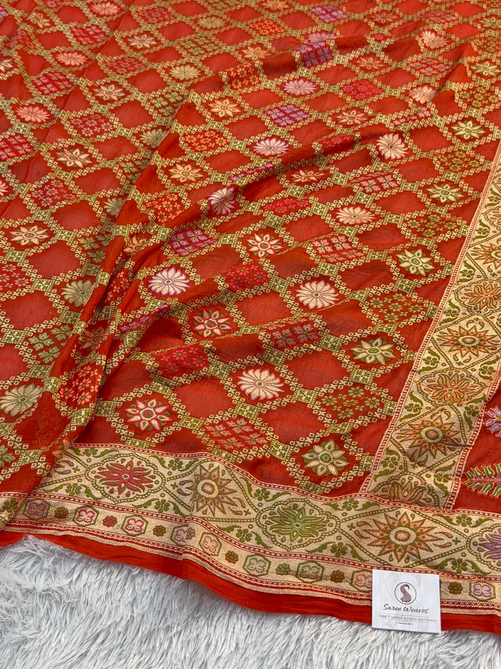 Banarasi Pure Khaddi Chiffon Saree with Meenakari Geometrical Jaal Design in Orange Colour