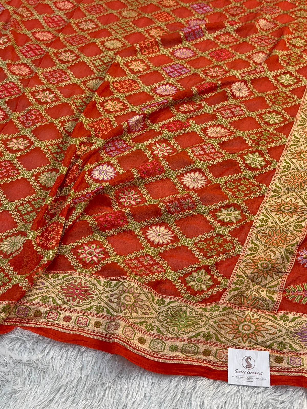 Banarasi Pure Khaddi Chiffon Saree with Meenakari Geometrical Jaal Design in Orange Colour