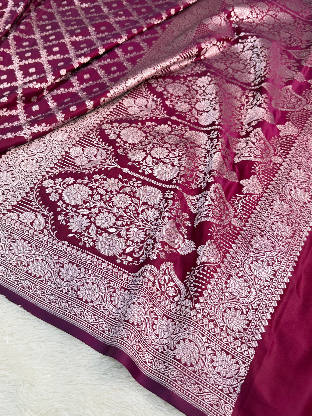 Banarasi mashru silk saree in chokdi design in Wine colour