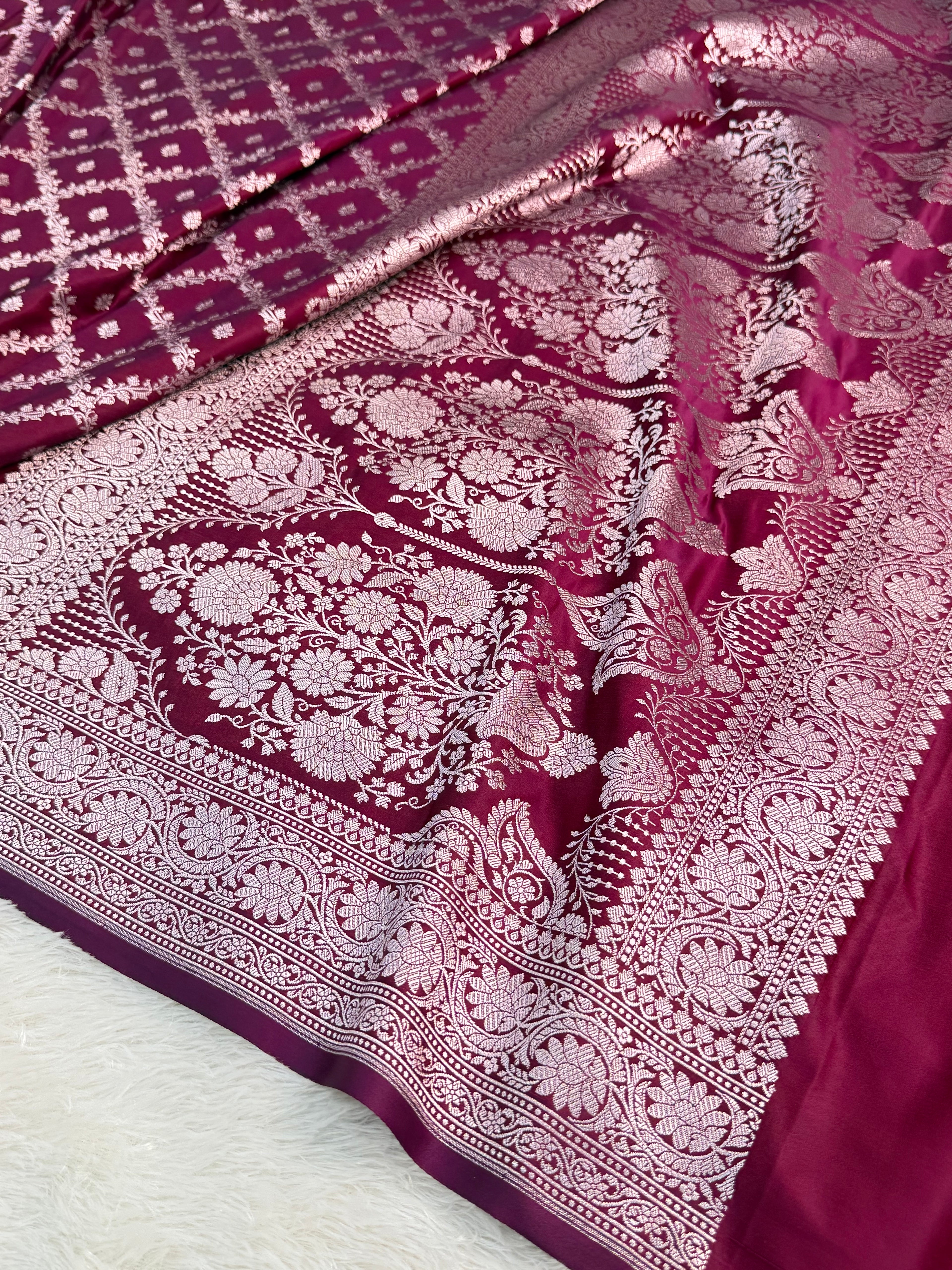 Banarasi mashru silk saree in chokdi design in Wine colour