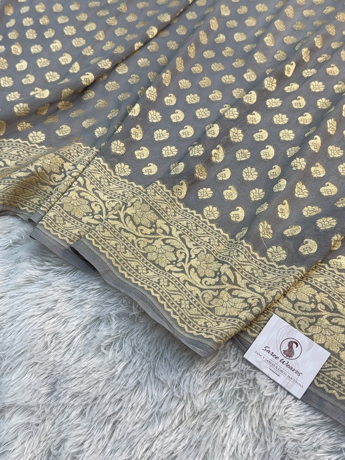 Banarasi Pure Khaddi Shifon Saree in Border And Buti Design in Grey Colour