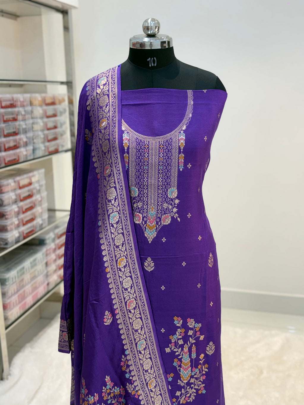 Pure Viscose Meenakari 3 piece Suit with Zari Work with Heavy Dupatta in Deep Violet color