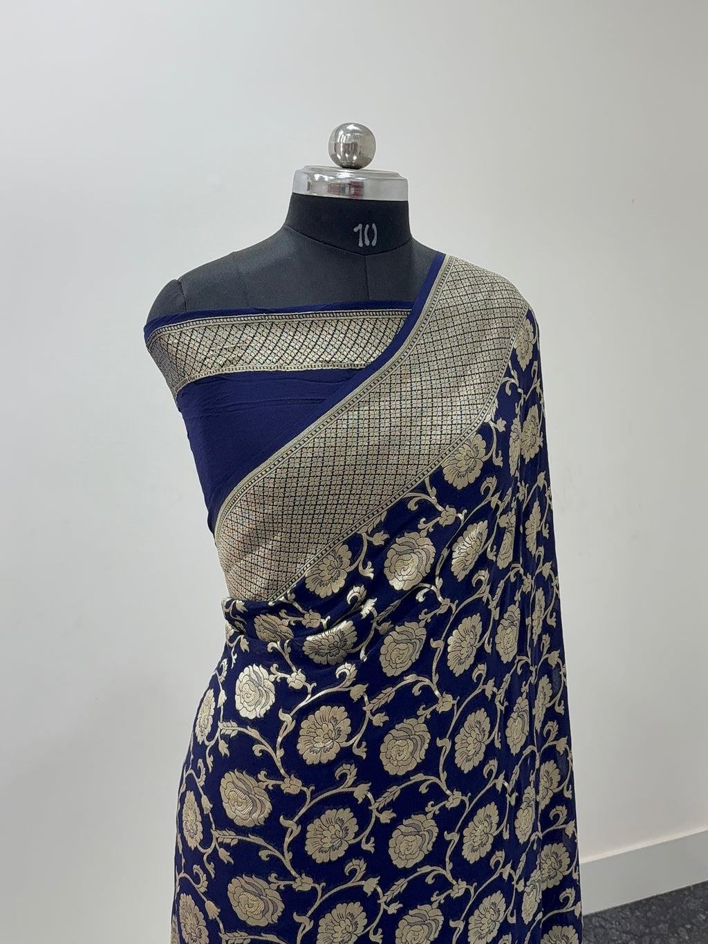 Banarasi Pure Khaddi Chiffon Saree with Light Gold Zari Work with Floral Jaal Design In Navy Blue Colour