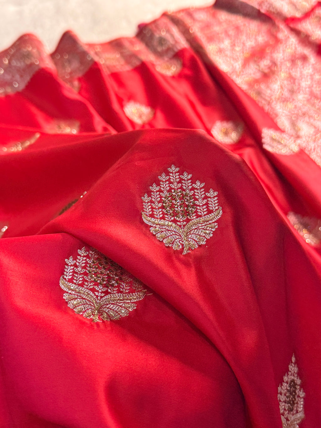 Bridal Mashru Silk Saree with Buta design in Red Color Shade with Swaroski and zardozi work