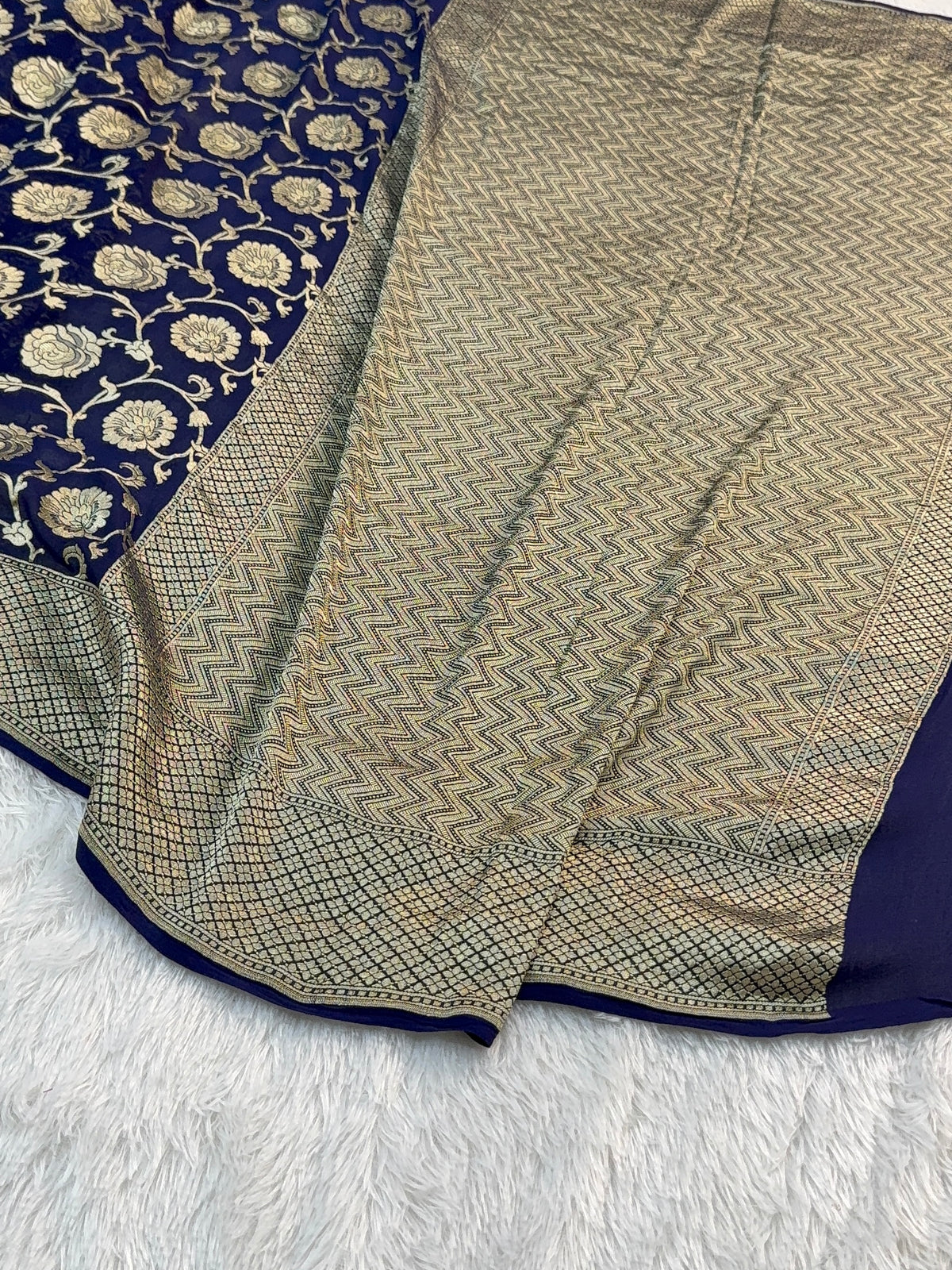 Banarasi Pure Khaddi Chiffon Saree with Light Gold Zari Work with Floral Jaal Design In Navy Blue Colour