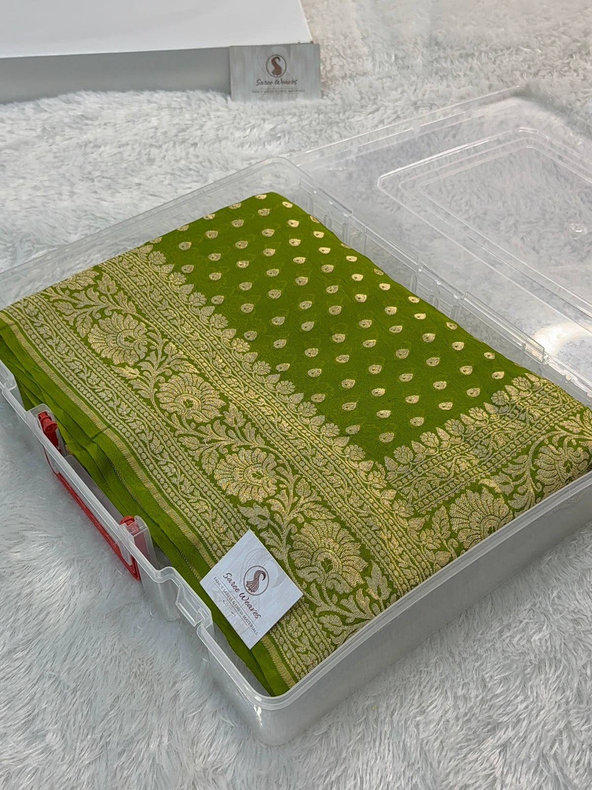 Banarasi Pure Khaddi Chiffon Saree in Border and Buti Design in Mango Green Colour